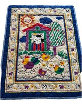 vintage baby blanket quilt Farm Theme 34x43 Cow Barn Chicken Blue Trim Unisex