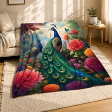Peacocks In Flower Garden Coral Fleece Blanket