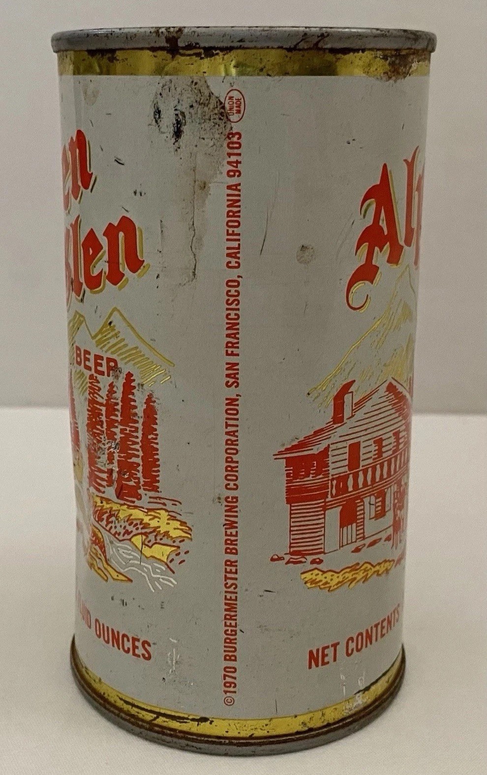 VINTAGE 1970 ALPEN GLEN Flat Top Beer Can - Burgermeister Brewing, San Francisco