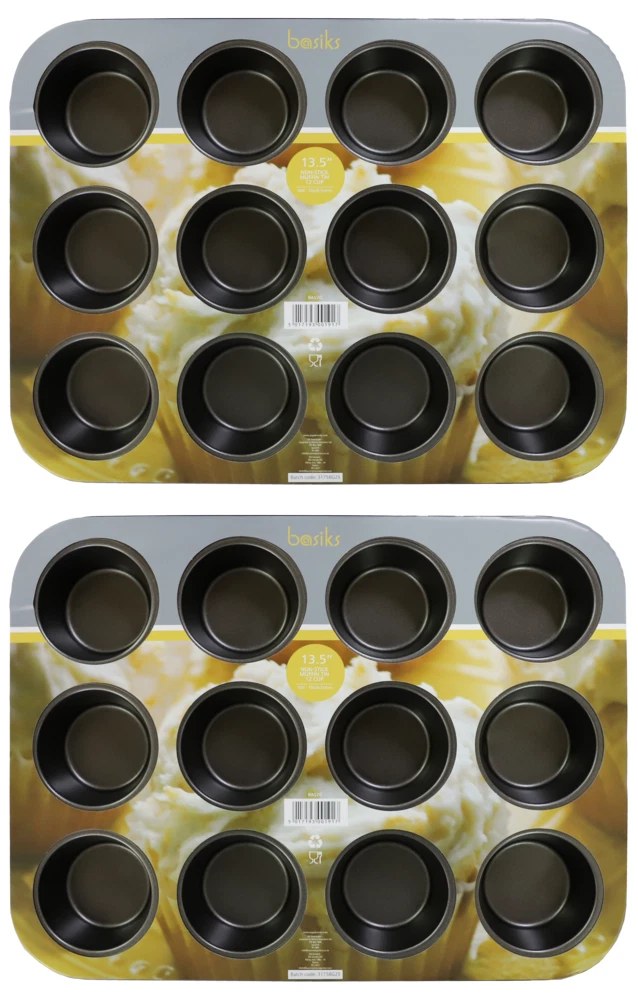 2x basiks 12 Cup Muffin Pan Non-Stick Steel Cake Baking Kitchen Oven Tray 13.5"