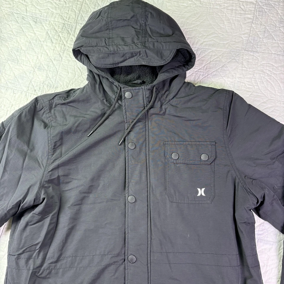 Chaqueta Hurley Para Hombres XL Negra Forrada Sherpa Parka Con Capucha Bolsillos a Presión Icono Foto 2 de 4