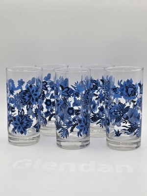 Set of 5 Royal Norfolk Blue Floral Glass Coolers Tumblers 16.3 oz 6''H Flowers