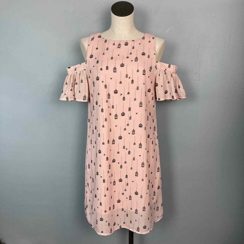City Streets Bird Cage Pink Cold Shoulder Chiffon Overlay Shift Dress Size 6