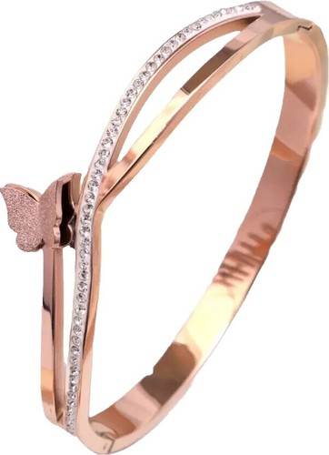 Stainless Steel Polished and Textured Rose IP-plated Cuff Bangle