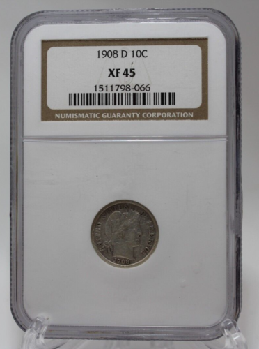 United Sates 1908 D Denver Barber Dime 10c Graded NGC XF45 Silver Coin