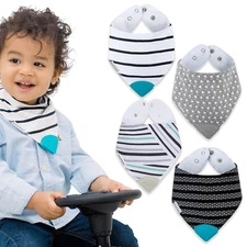 Bandana Teething Bibs 4-Pack – Cotton Drool Bibs for Boys & Girls, Silicone Teet