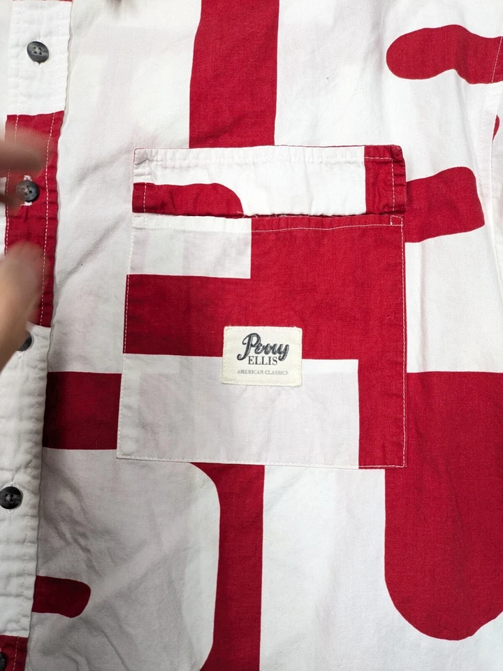 VINTAGE Perry Ellis Shirt Men Large All Over Print Button Abstract 90s Red White - Image 3 of 4