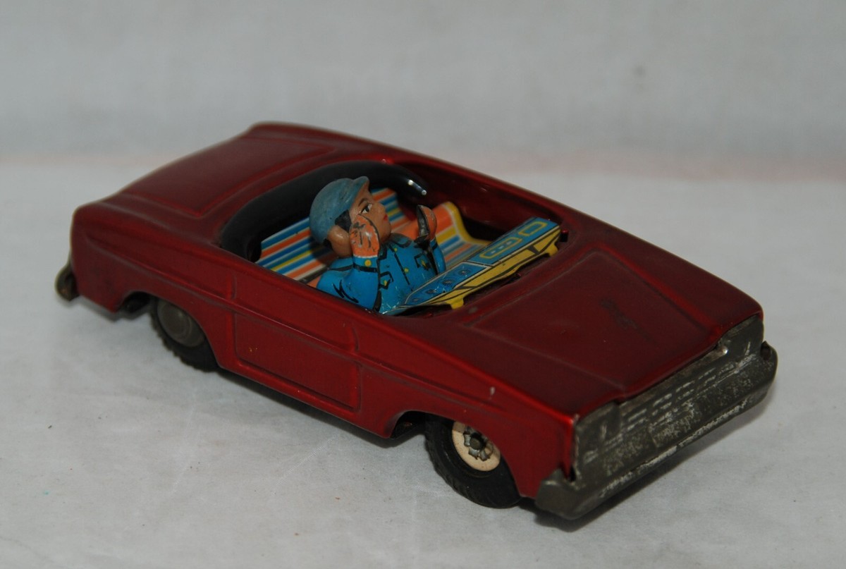 Vintage Convertible Friction Press Tin Toy Car with Waving Driver