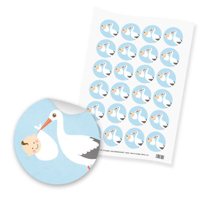 itenga 24x Sticker Aufkleber Storch mit Baby blau Junge Geburt Taufe Geburtstag