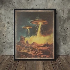 UFO ALIEN STORM Wall Art, Retro Sci-fi Western Poster, Desert Cryptid Lightning