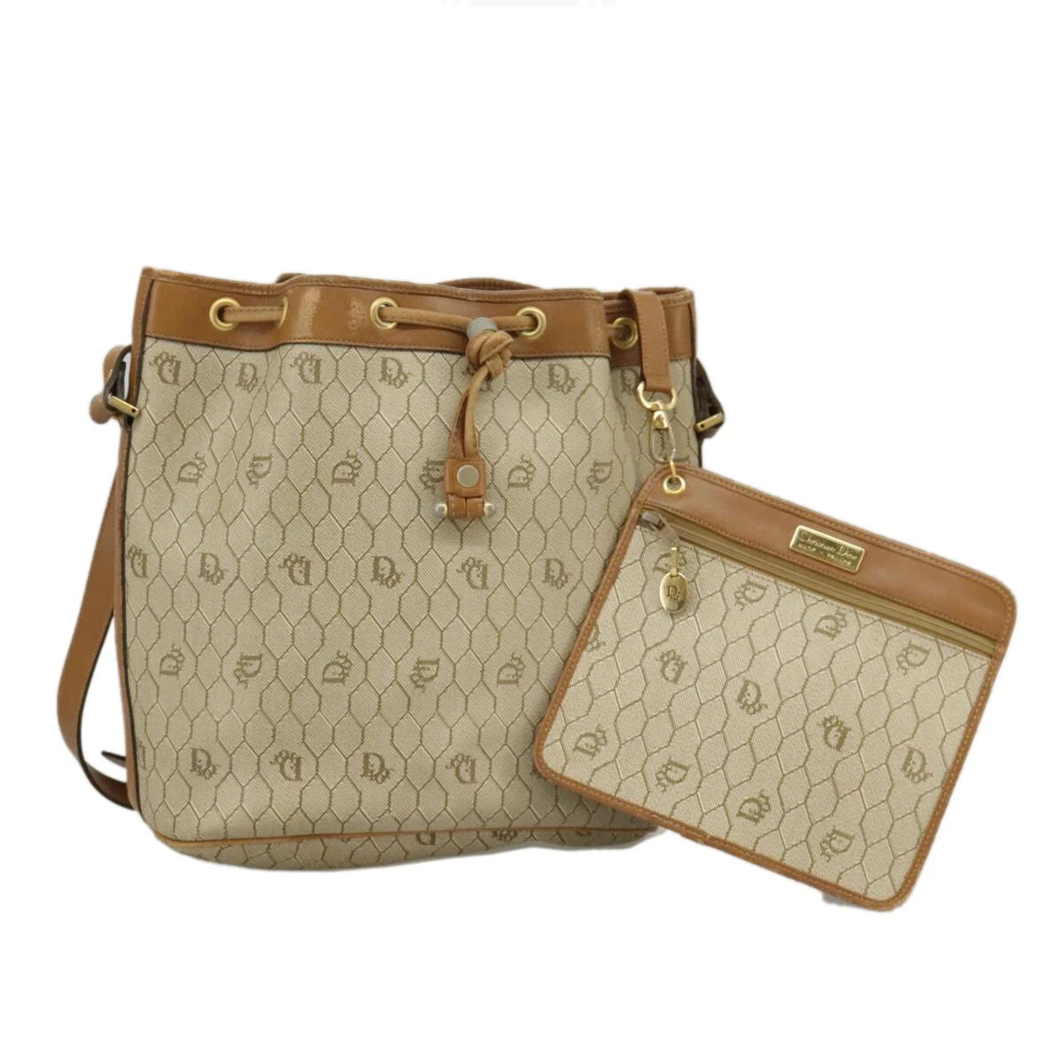 Christian Dior sac à bandoulière toile nid d'abeille PVC cuir beige or authentique ti2353