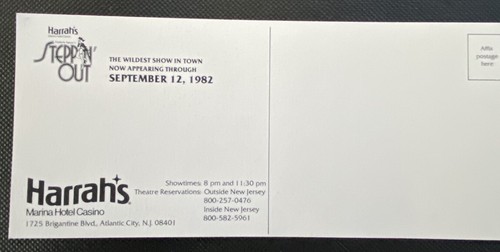 Harrah's Marina Hotel Casino Frederic Apcar's Steppin Out Post Card Sep. 12,1982 - Picture 2 of 2