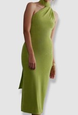 320 Misha Women's Green Asymmetrical Draped Sash Halter Sheath Dress SZ US 10