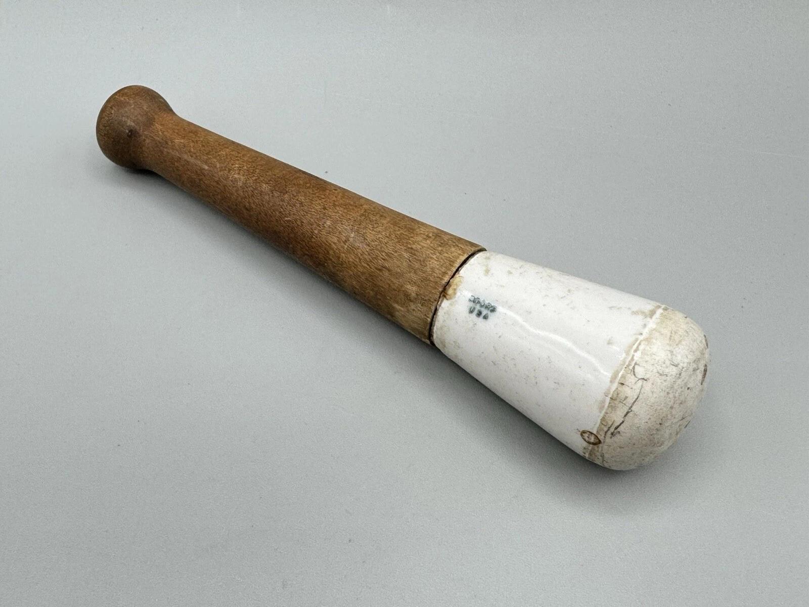 Antique Ceramic Pestle 1900s Apothecary Tool Wood Handel MADE IN USA 6in”