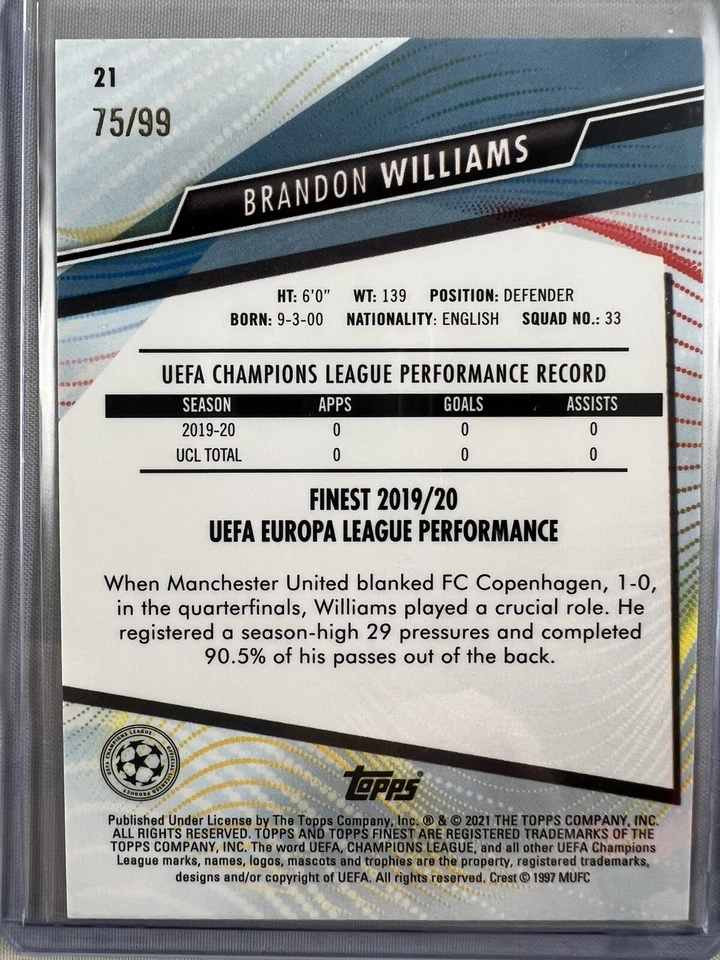 Brandon Williams 2020-21 Topps Finest UEFA Neon Green Refractor RC #/99 Norwich - Image 2 of 2