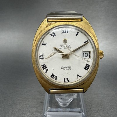 Waltham Newport Automatic Watch Men 35mm White Dial Gold Tone Date Round Runs