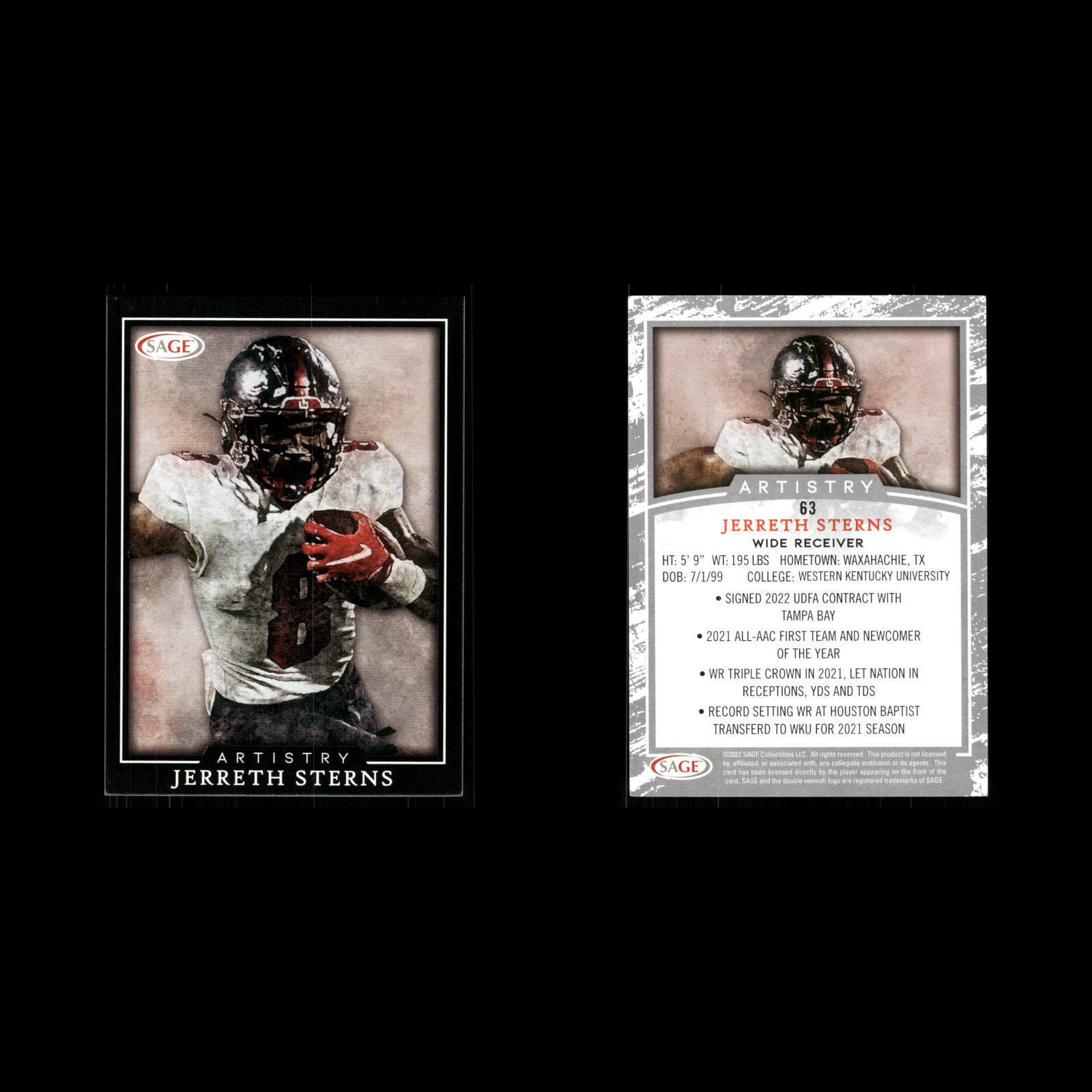 Jerreth Sterns #63 2022 SAGE Artistry Black Western Kentucky Hilltoppers Card