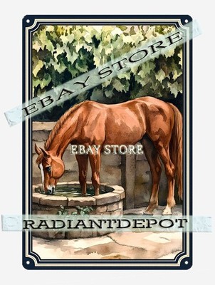 horse drinking stone well Metal Tin Sign rustic western countryside decor
