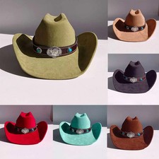 Vegan Suede Wide Brim Rancher Hat Metal Buckle Cowboy Cattleman Fedora Unisex