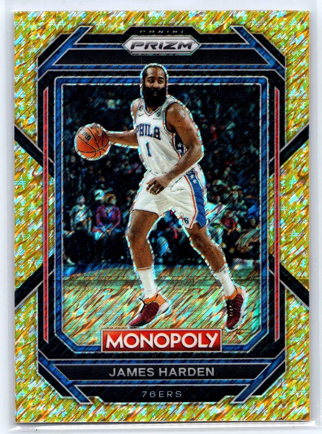 2022-23 Panini Prizm Monopoly - Gold Money Shimmer Prizm #68 James Harden /500
