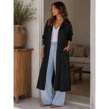 J. Jill Black Longline Hooded Jacket Duster Drawstring Waist M Made in USA