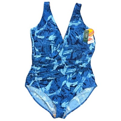 L.L. Bean Women 20W Plus Shaping Swimsuit One Piece Blue Leaf Print 504375 NWT