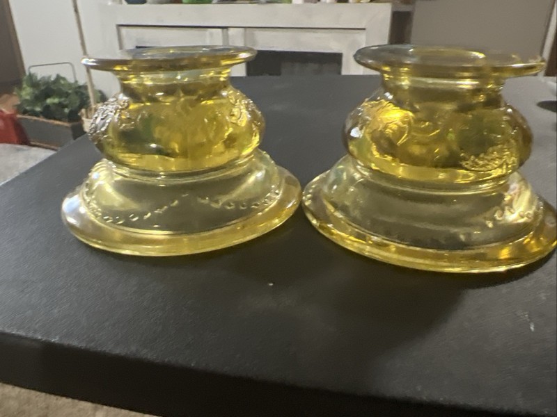 Pair Vintage Yellow Glass Decorated Candle Holders Candlesticks
