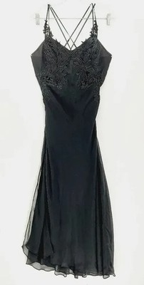 READ! Vintage 90s Flora Nikrooz Black Whimsigoth Lace Appliqué Midi Slip Dress