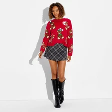 Women's Teddy Bear Print Festive Graphic Sweater - Red XS