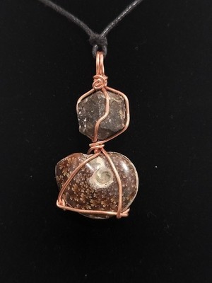 Handcrafted Ammonite Dravite Wire Wrapped Pendant Necklace Copper Charm