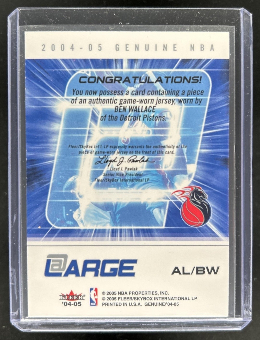 2004-05 Fleer Genuine Ben Wallace At Large Game Used Jersey #AL/BW Pistons view 2