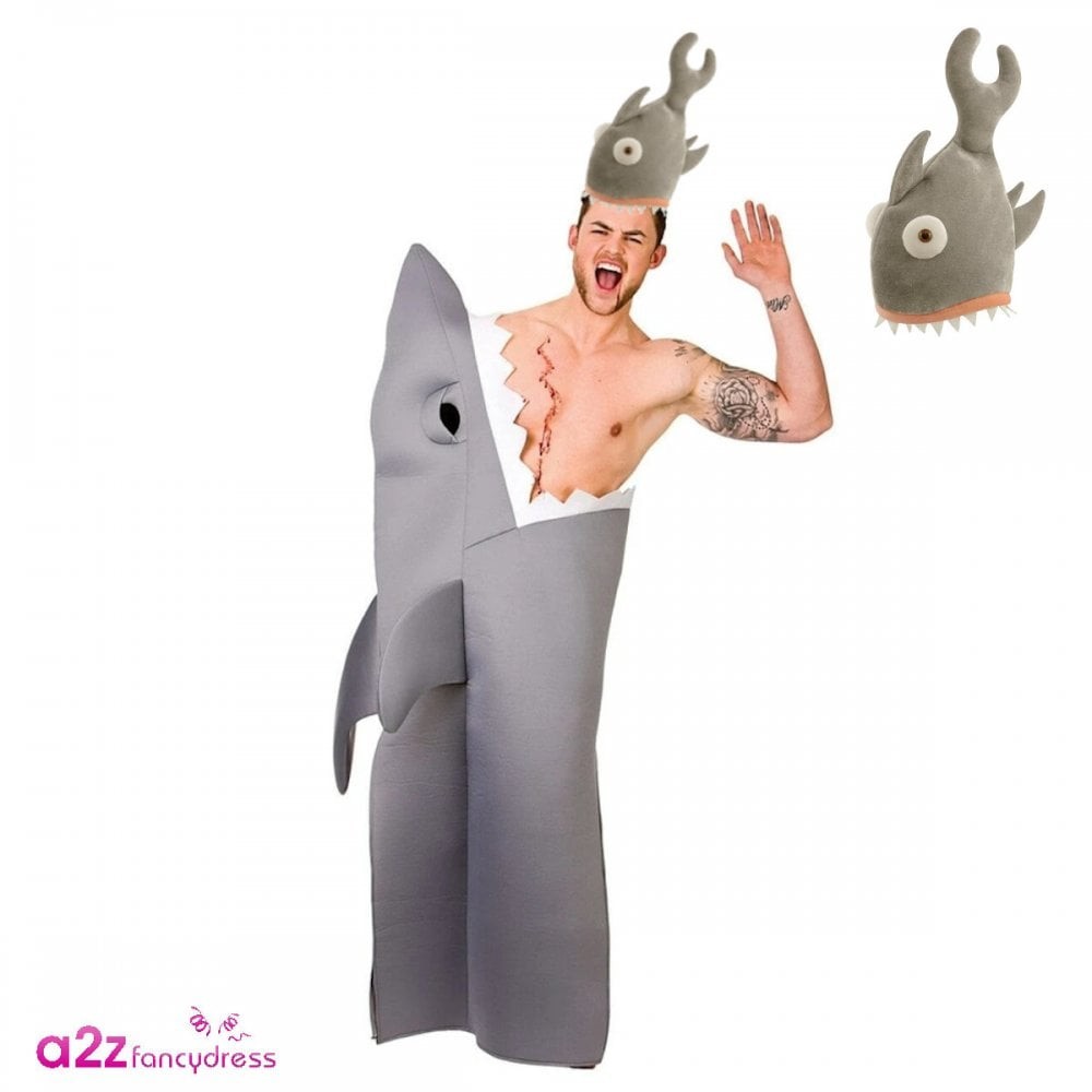 Adult Novelty Funny Shark Costume + Shark Bite Hat Mens Stag Party Fancy Dress
