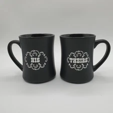 His and Theirs Coffee Mugs Set of (2) Matte Black Stoneware Great Couple Gift