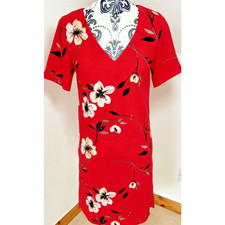 Next Shift Dress V-Neck Red White Floral Size 6 Summer Short Sleeve Cottagecore