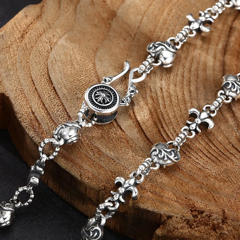 Collar gótico flor de lis y corazón, cadena pesada de plata S925, joyería para hombre Foto 3 de 4