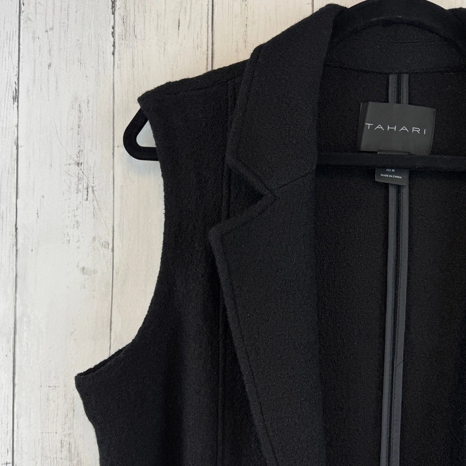 Chaleco Tahari Negro Mezcla Lana Muesca Solapa Sin Mangas Longline Abierto Talla Mediana Foto 2 de 4