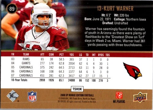 2008 SP Rookie Edition #89 Kurt Warner - Picture 2 of 2