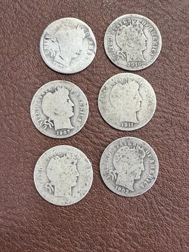 Lot of 6 Barber Silver Dimes – 1892, 1901, 1902, 1911, 1916 + 1 Mixed – 90% Silv