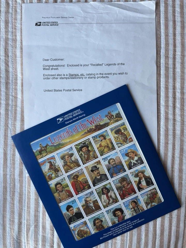 USPS Stamps Recalled LEGENDS OF THE WEST w/RECALL Letter Unopened! - Image 3 of 4