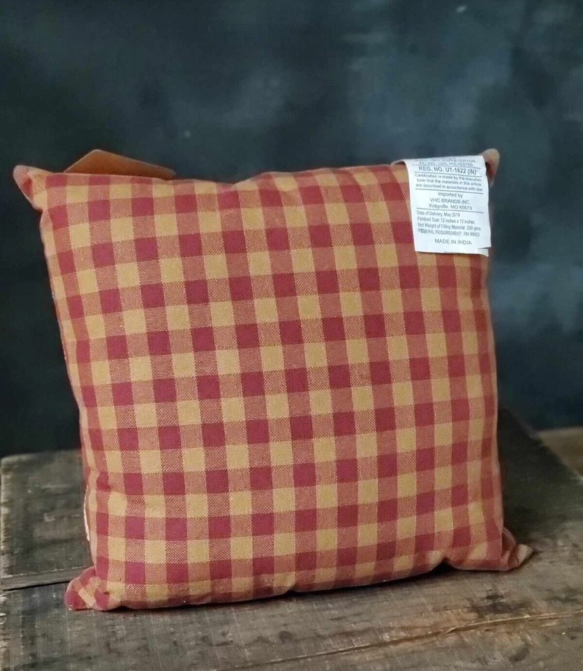 Throw Pillow 12 inch Primitive Blessings Embroidered Burgundy Tan Check Burlap - Image 3 of 3