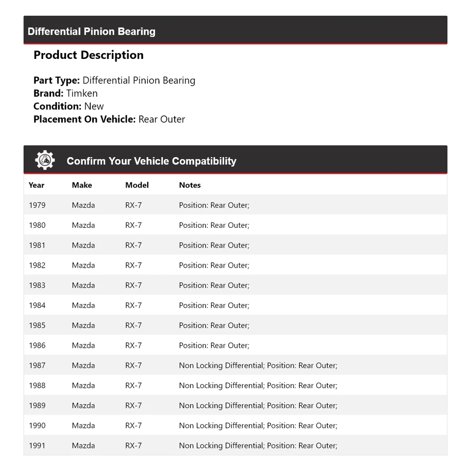 Cojinete de piñón diferencial trasero exterior Timken 1980 1981 para Mazda RX-7 1979-1991 Foto 2 de 3
