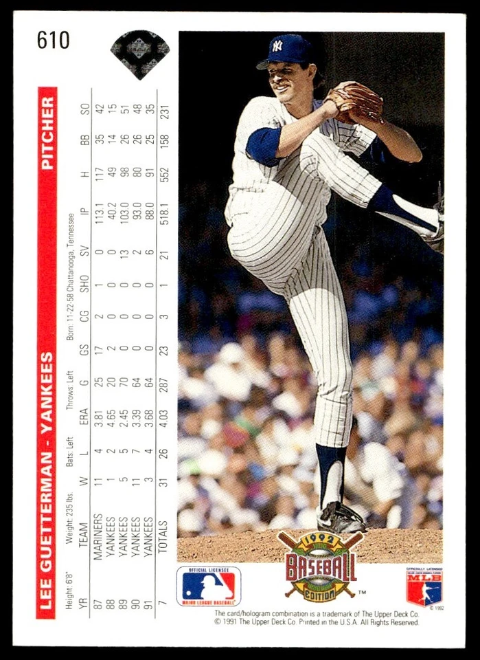 1992 Upper Deck Lee Guetterman New York Yankees #610 - Image 2 of 2
