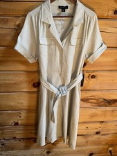 Tahari Linen Explorer Style Button-Up Dress Sz XL Belt Pockets Midi Short Sleeve