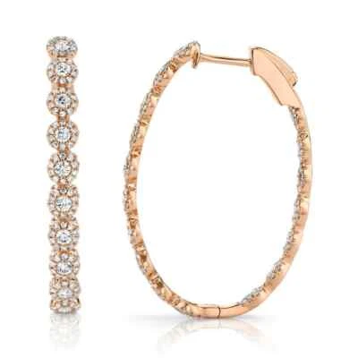 Diamant Creolen Oval 14K Roségold Innen Außen 2,05 CT Rundschliff Natürlich - Bild 1 von 4