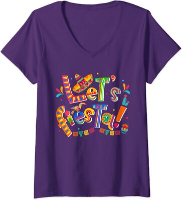 Lets Fiesta Squad Cinco De Mayo Hat Cool Mexican Ladies' V-Neck Tshirt