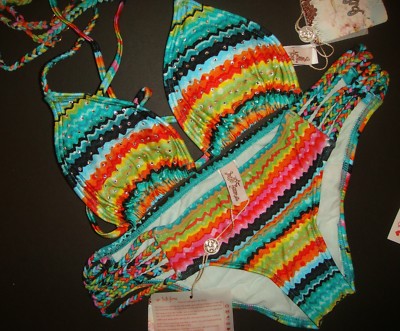 Luli Fama S,M BIKINI S crystallized HOLA VERANO braided chevron TEAL GREEN RED