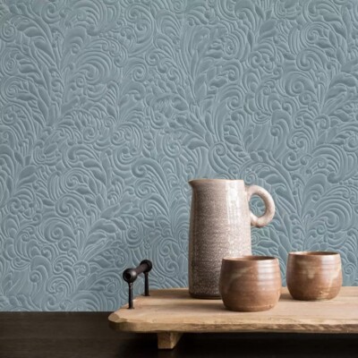 Embossed leaf damask heavy textured faux fabric dark green blue teal wallpaper