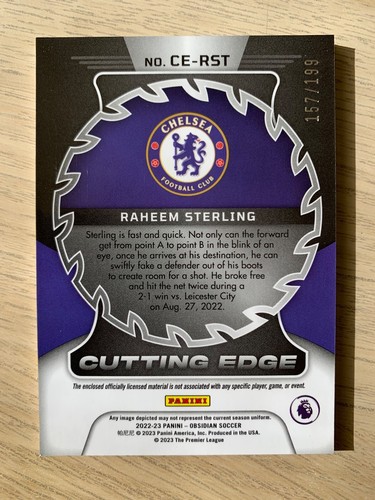 2022-23 Panini Obsidian dual patch RAHEEM STERLING #ed 157/199! Chelsea - Picture 2 of 2