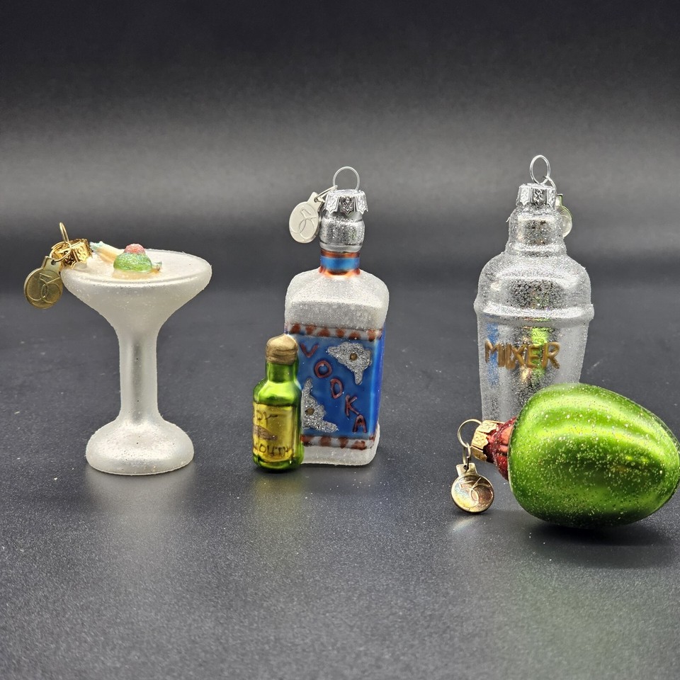 Dept 56 Mini Glass Xmas Ornament Set Of 4 Martini Cocktail Theme Mixer