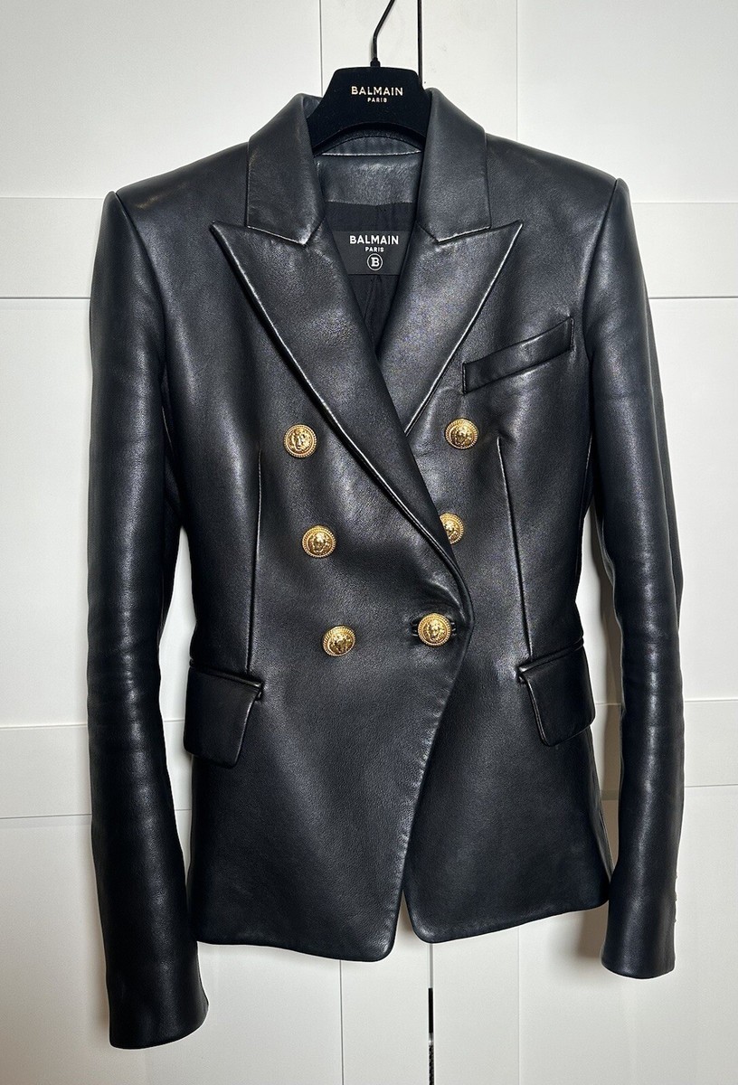 Balmain Black Double-Breasted Classic Leather Blazer UK